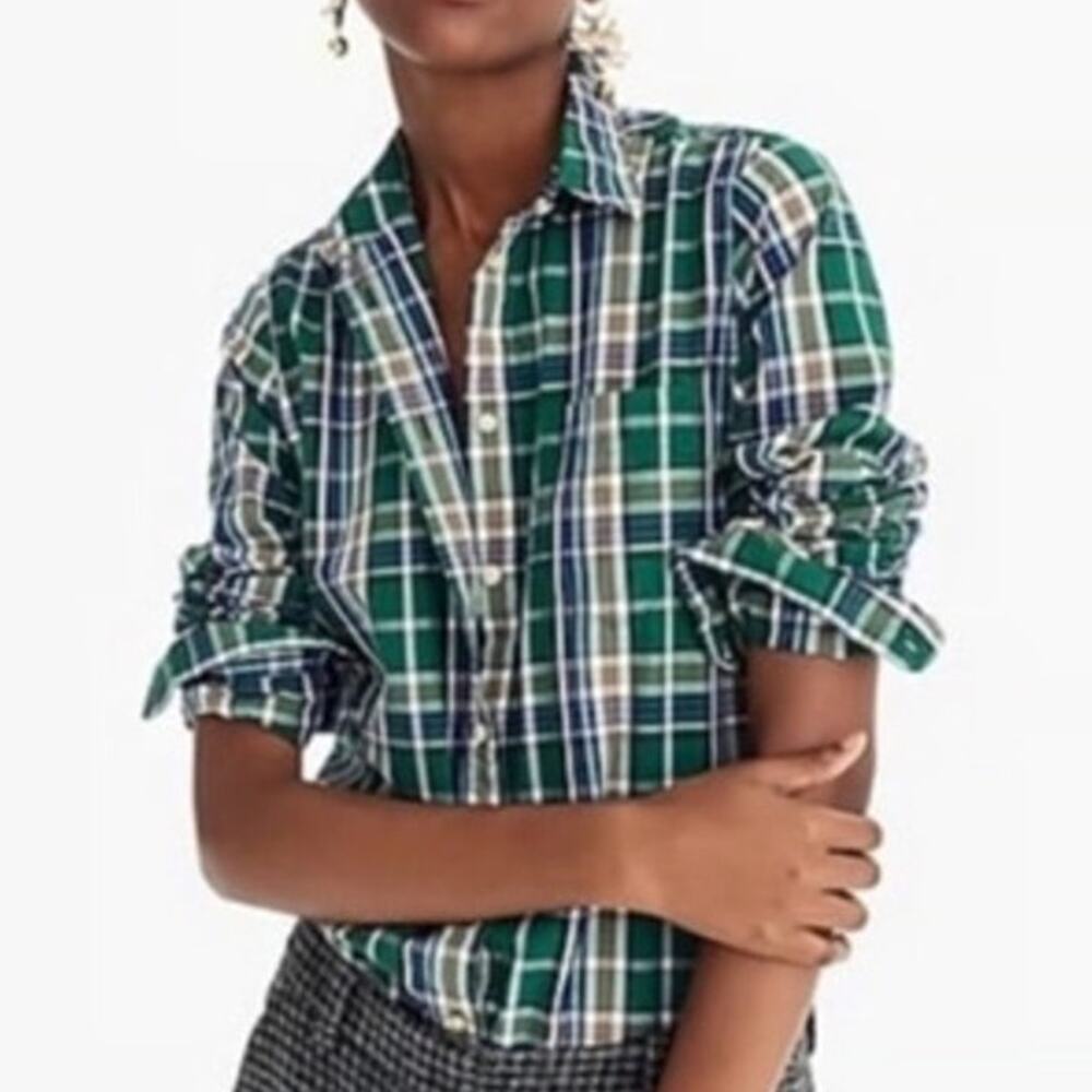J, Crew Womens Green Plaid Shirt Sz 4 Dark Academia Preppy Career Cotton Corp